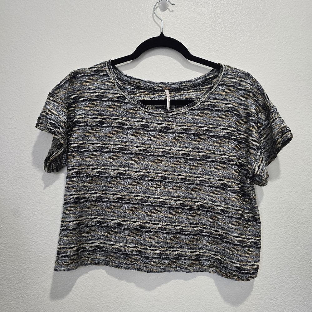 Free People Black and Gray Short Sleeve Top